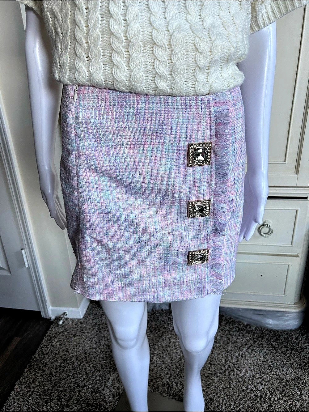 Tweed Button Mini Skirt in Pink & Blue Like New